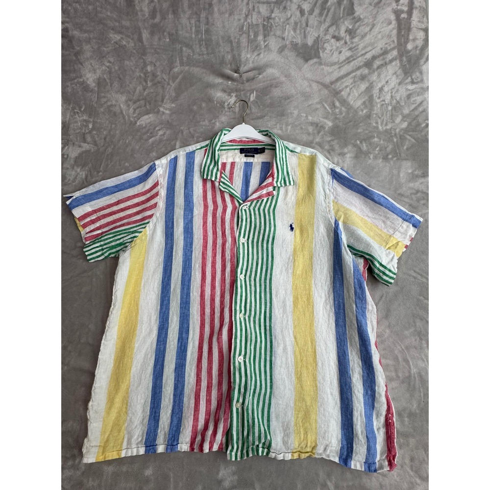 Polo Ralph Lauren Mens Linen Multi Color Striped Short Sleeve Camp Shirt‎ 1404